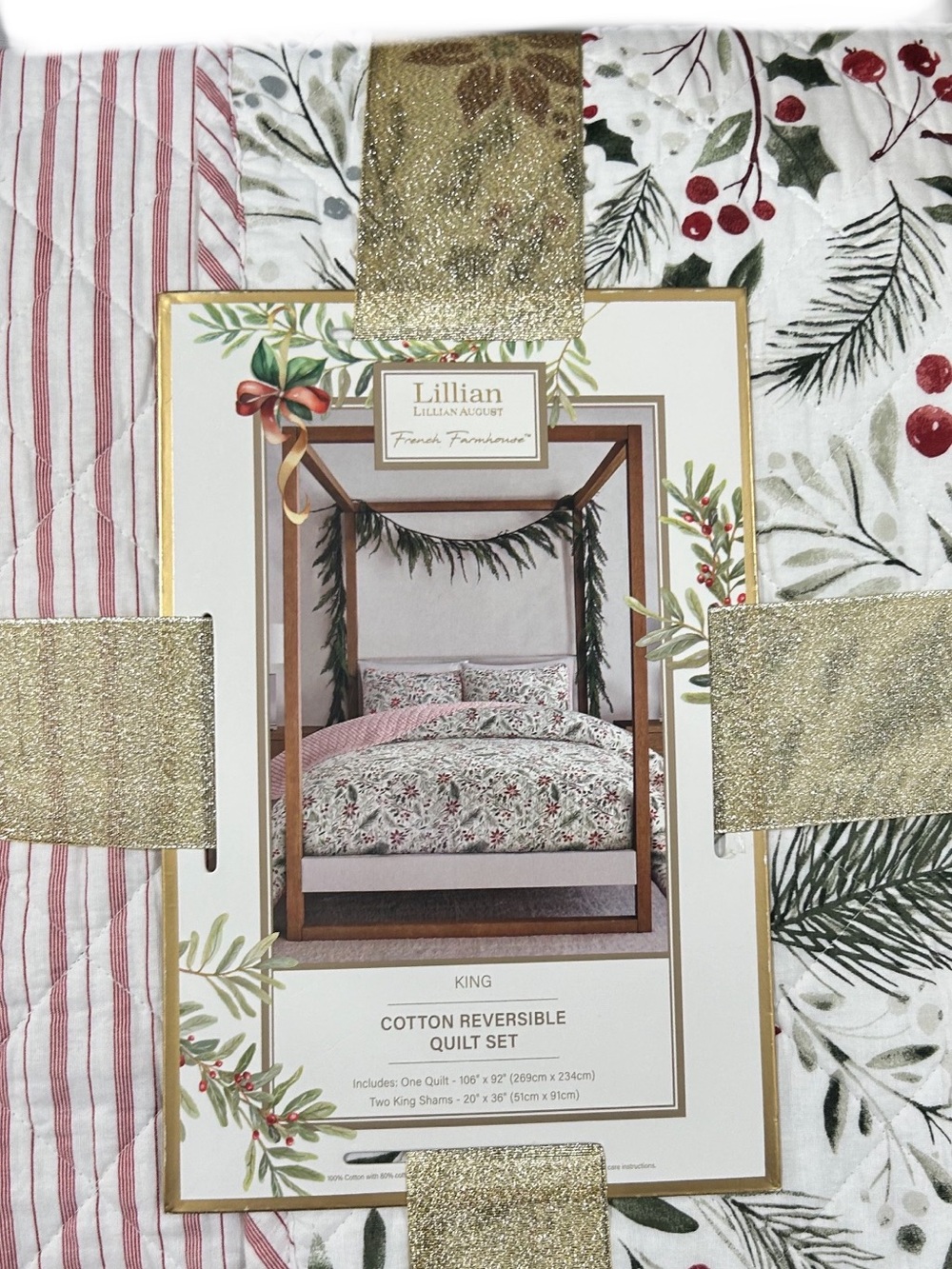 Lillian August Festive Holiday King Cotton Reversible Quilt Set 106”x92”